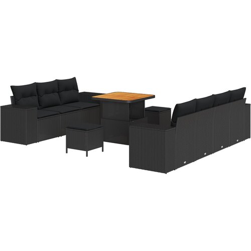 VidaXL 10-dijelni set vrtnog sofa s jastučićima Crni Poli ratan Akacija, 3-dijelni set vrtne blagovaonice s jastučićima Crni Poli ratan Akacija Slike