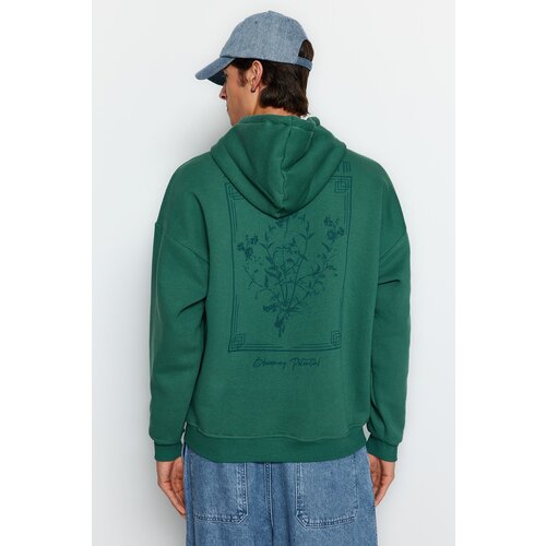 Trendyol Green Men&amp;#039;s Oversized Hooded Fluffy Floral Printed Pile Cotton Sweatshirt with Soft Inside. Slike