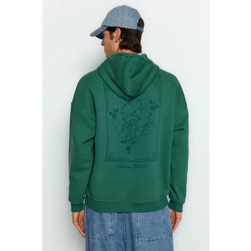 Trendyol Green Men's Oversized Hooded Fluffy Floral Printed Pile Cotton Sweatshirt with Soft Inside.