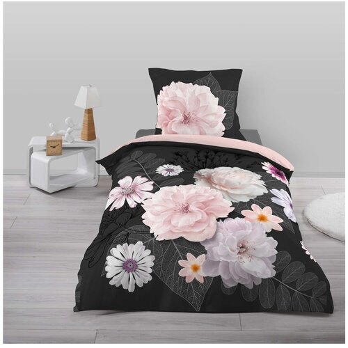 Douceur d int&amp;eacute;rieur Crna/ružičasta pamučna posteljina za krevet za jednu osobu 140x200 cm Floral &amp;ndash; Slike