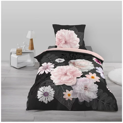 Douceur d intérieur Crna/ružičasta pamučna posteljina za krevet za jednu osobu 140x200 cm Floral –