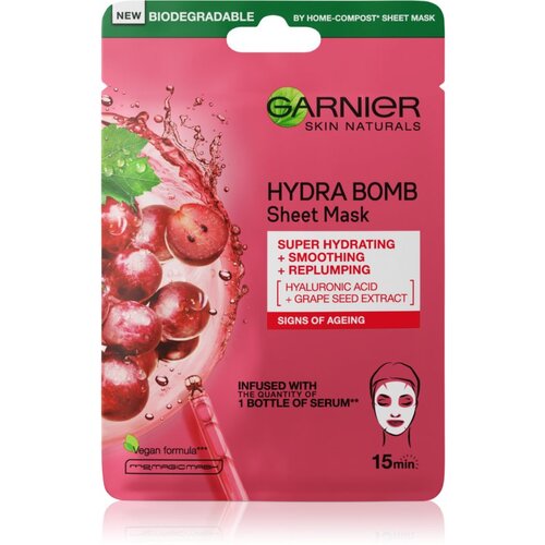 Garnier Skin Naturals Hydra Bomb Natural Origin Grape Seed Extract vlažilna in posvetlitvena platnena maska ​​proti staranju 1 ks za ženske Slike