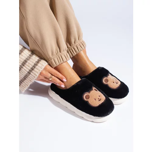 SHELOVET Black fur slippers with bear
