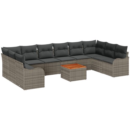VidaXL 10-delni vrtni sofaset z blazinami, siva, poli ratan, akacija, 2-sedežna vrtna sofa z blazinami, siva, poli ratan Slike
