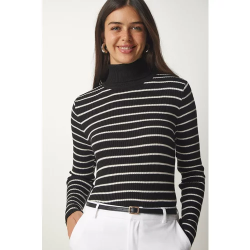 Happiness İstanbul Women's Black Striped Turtleneck Knitwear Sweater