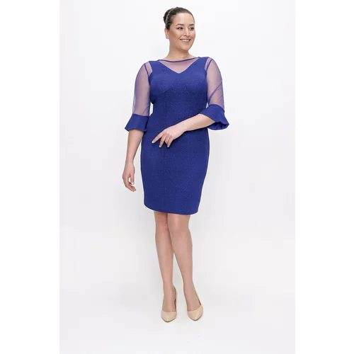 By Saygı Tulle Detail Sleeves And Collar, Plus Size Glittery Dress With Ruffled Sleeves, Lined Saks.