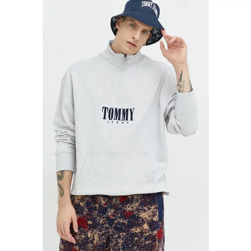 Tommy Jeans Bombažen pulover moška, siva barva,