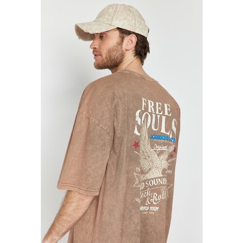 Trendyol Indigo Men's Oversize/Wide Cut Pale Effect Eagle-Writing Print 100% Cotton T-Shirt Slike