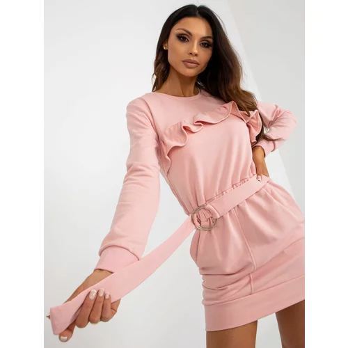 Fashion Hunters Light pink sweatshirt minidress with ruffles and belt