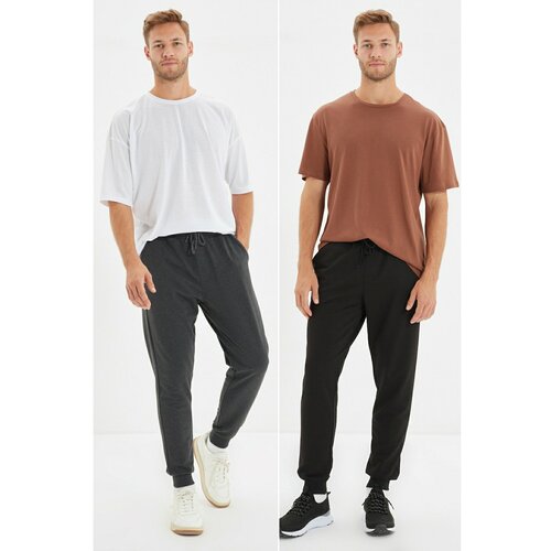 Trendyol Anthracite-Black Men Regular Fit Elastic Leg Basic 2-Pack Sweatpants Cene