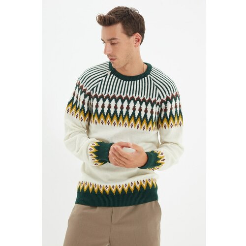 Trendyol Bež muški pleteni džemper s tankim krojem sa žakardovim panelom i tankim krojem Slike