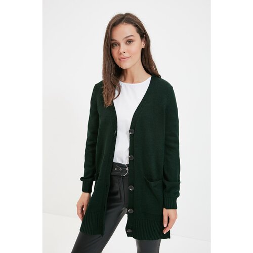 Trendyol Dark Green V-Neck Buttoned Pocket Detailed Long Knitwear Cardigan Slike