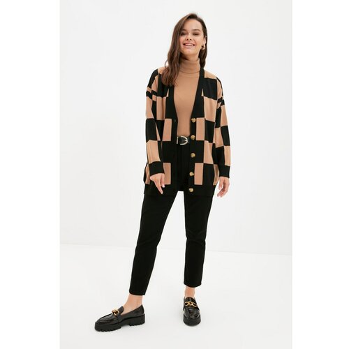 Trendyol Camel V Neck Checkered Patterned Knitwear Cardigan Cene