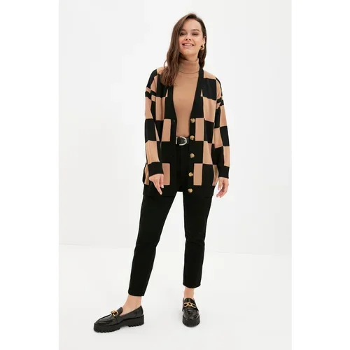 Trendyol Camel V Neck Checkered Patterned Knitwear Cardigan