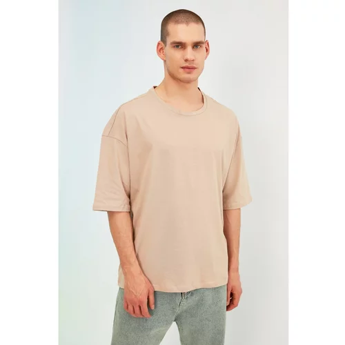 Trendyol Beige Men's Oversize Fit Crew Neck Short Sleeve Printed T-Shirt