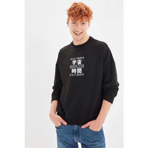 Trendyol Black Men's Oversize Crew Neck Printed Sweatshirt Slike