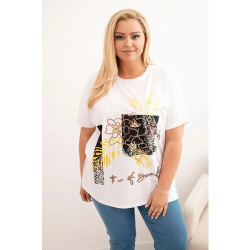Kesi Włoski Women's Plus Size Cotton Blouse with Decorative Floral Print white + yellow Cijene