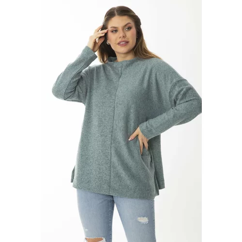 Şans Women's Plus Size Green Wool Viscose Fabric Crew Neck Side Slit Tunic