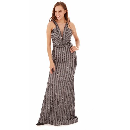 Carmen Gray Striped Sequined Fishnet Evening Dress Slike