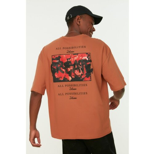 Trendyol Camel Men's Oversize Fit 100% Cotton Printed Short Sleeved T-Shirt Slike