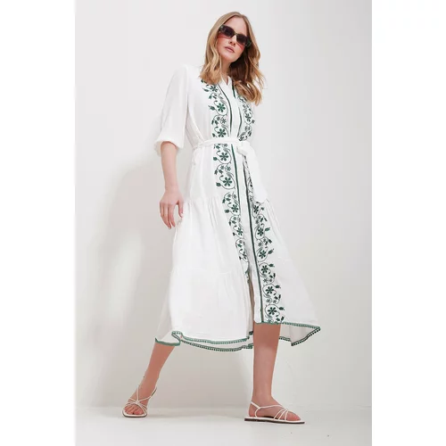 Trend Alaçatı Stili Women's White Large Collar Front Buttoned Skirt Frilly Maxi Length Embroidered Dress