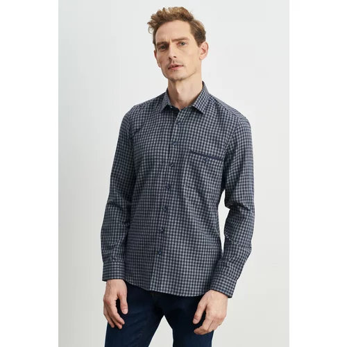 Altinyildiz classics Men's Navy Blue-gray Slim Fit Buttoned Collar Gingham Flannel Lumberjack Shirt
