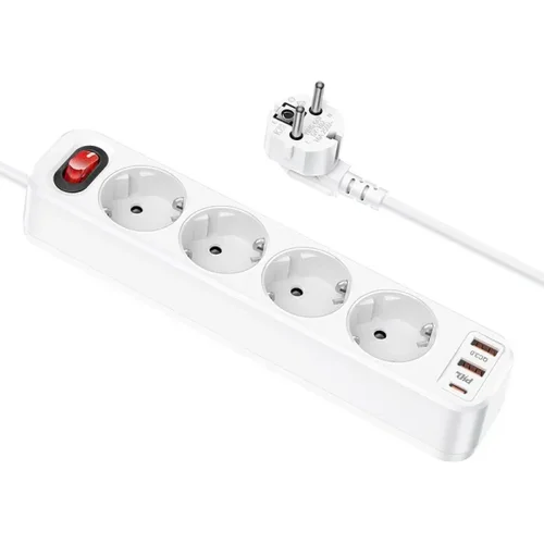 hoco. power strip 4-bit extension cable socket + 2 x USB QC3.0 18W + Type C PD 20W Aura NS1 white