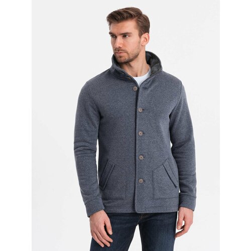 Ombre Men's casual sweatshirt with button-down collar - navy blue melange Cene