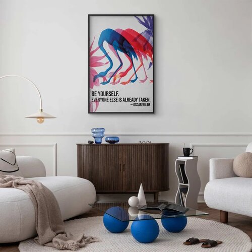 Plakat - Colorful Repetition - three flamingo silhouettes with an inspiring quote 60x90 Crni okvir Slike
