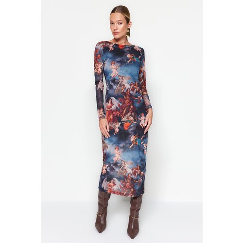 Trendyol Multicolored Bateau Neck Angel Print Lined, Fitted Tulle Midi Knit Dress Slike