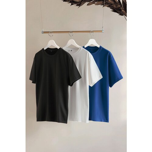 Trendyol Black-White-Navy Blue 3some Oversize/Wide Cut Tagged 100% Cotton T-shirt Slike