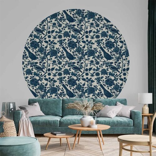  Okrugla fototapeta - Birds and roses - monochrome blue pattern with botanical motif 230x230 Cene