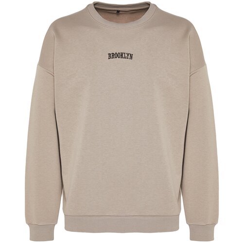 Trendyol Men's Mink Oversize/Wide-Fit Crew Neck Brooklyn City Text Embroidered Thick Cotton Sweatshirt Cene