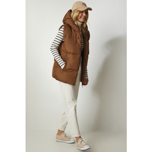 Happiness İstanbul Women's Tan Oversize Long Inflatable Vest with a Hooded Slike