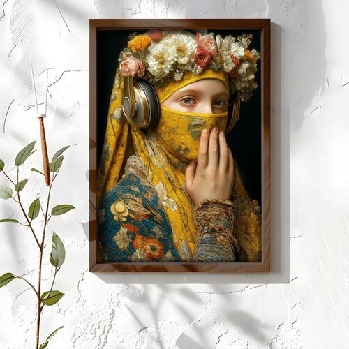 Wallxpert uramljena MDF slika NAL088-46, portret devojke sa slušalicama, žutom maramom i cvetnim vencem, 35,5 x 47 cm Cene