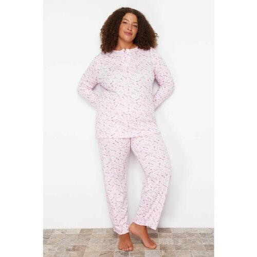 Trendyol curve pink floral pattern knitted pajamas set Cene