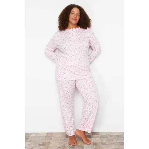 Trendyol Curve Pink Floral Pattern Knitted Pajamas Set