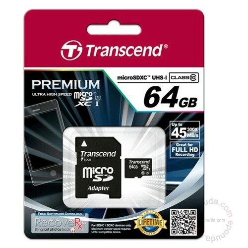 Transcend Micro SD 64GB SDHC Class10 UHS-I 300X w/SD adapter TS64GUSDU1 memorijska kartica Slike