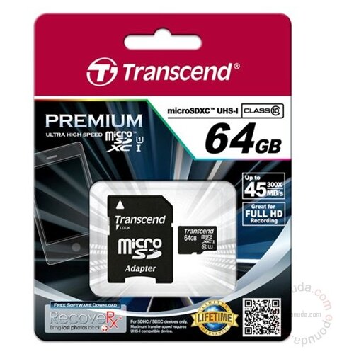 Transcend microSDXC 64GB Class 10 UHS-I U1 400x + SD Adapter Slike