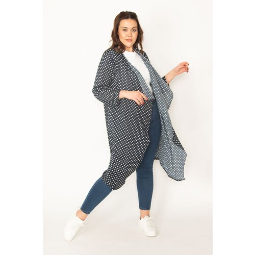 Şans Women&amp;#039;s Plus Size Navy Blue Point Patterned Crepe Cardigan Slike
