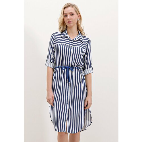 Bigdart 5629 Striped Belted Dress - Blue Slike