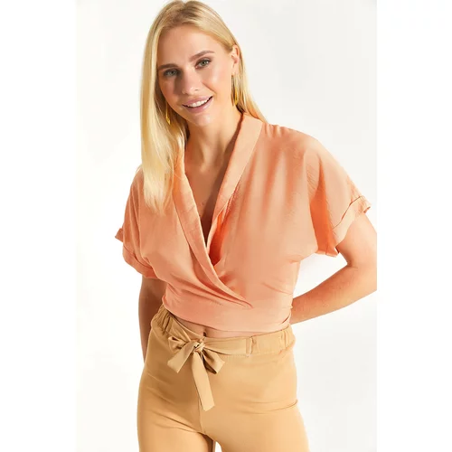 armonika Women's Salmon Double-Breasted Collar Crop Top with Tie-down Detail