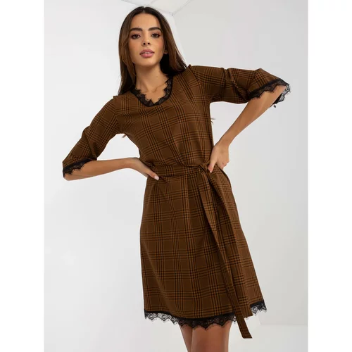 Fashion Hunters light brown and black plaid cocktail dress with a tie