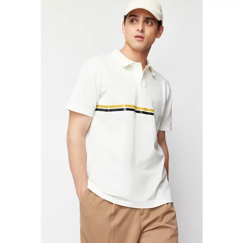 Trendyol White Men's Regular Cut Stripe Printed 100% Cotton Polo Neck T-shirt