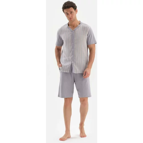Dagi Gray Pajamas Set with Buttons From the Front, Striped Woven Garnish Shorts