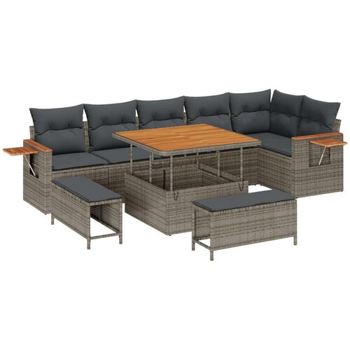  9-dijelni vrtni kauč set s jastucima sivi poli ratan akacija  Vrtna garnitura - 3-dijelni vrtni blagovaonski set s jastucima siv Cijene