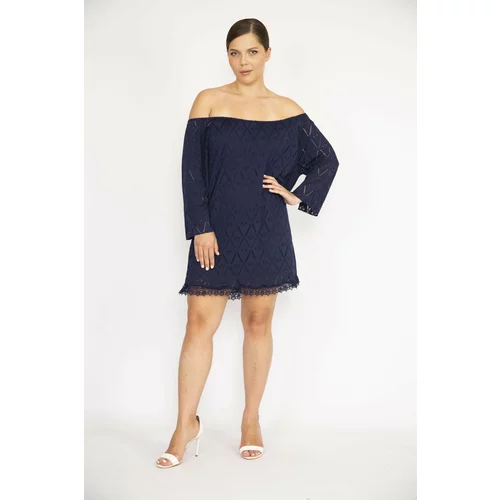 Şans Women's Plus Size Navy Blue Perforated Fabric Collar Elastic Lined Tunic