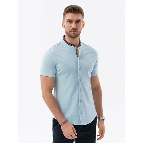 Ombre Men's knit shirt with short sleeves and collared collar - blue Slike