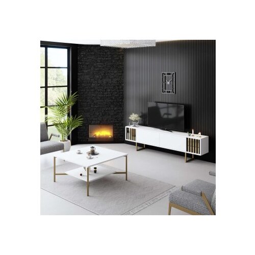 Hanah home TV komoda Gold Line, 180x48x30 cm, Bijelo-Zlatne boje Slike