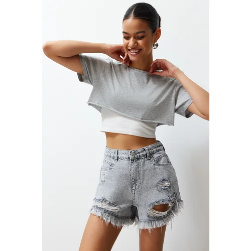 Trendyol Gray Ripped Detailed High Waist Denim Shorts